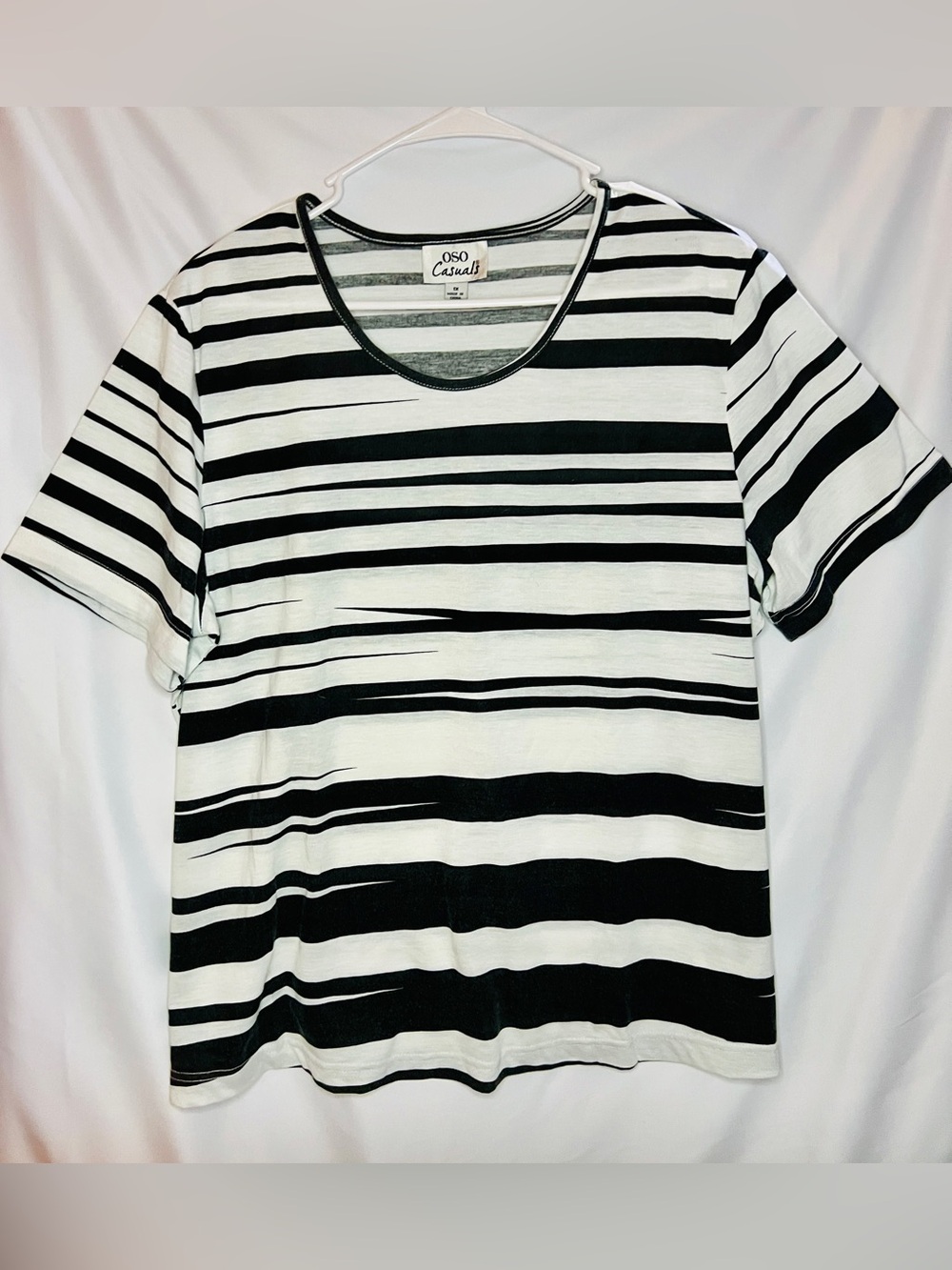 OSO Casuals Striped Short Sleeve Top Black White Plus Size 1X Crew Neck Tee